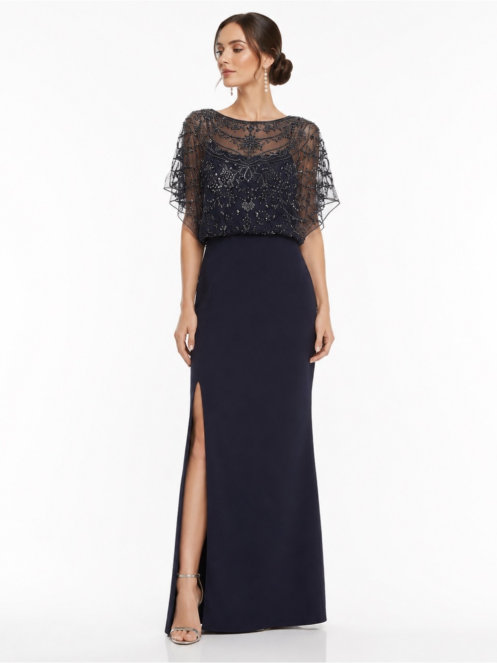 Aidan Mattox Twilight Beaded Split Sleeve Gown Mother Bride Wedding Formal 8‎